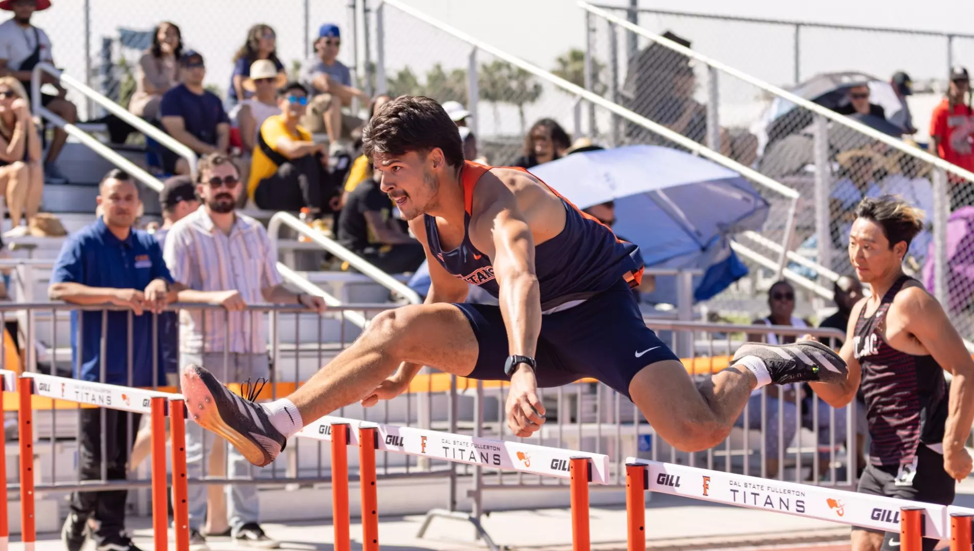 Keith Orona clearing a hurdle in the 110m hurdles for Cal State Fullerton